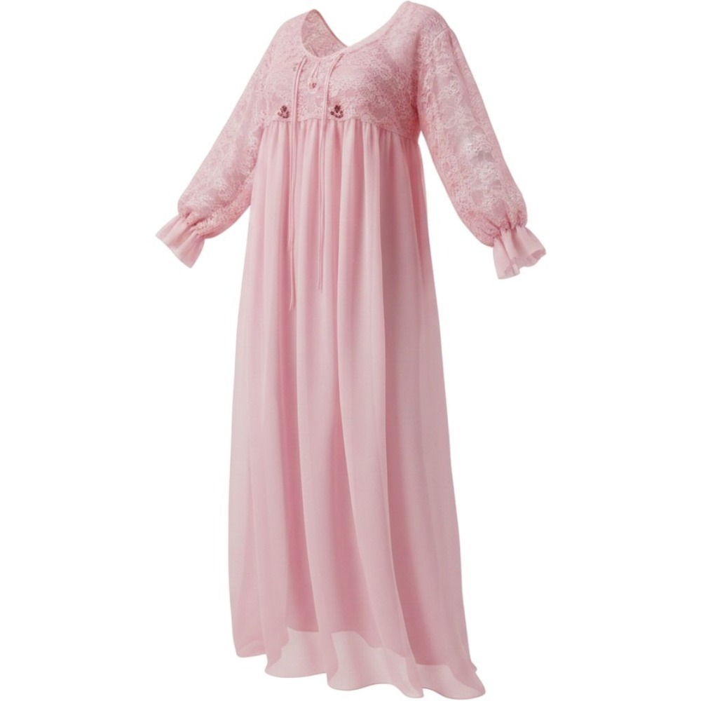 VTG 60s MCM Pink Peignoir Set Sheer Lace Sleeve Rosette Victorian Romantic